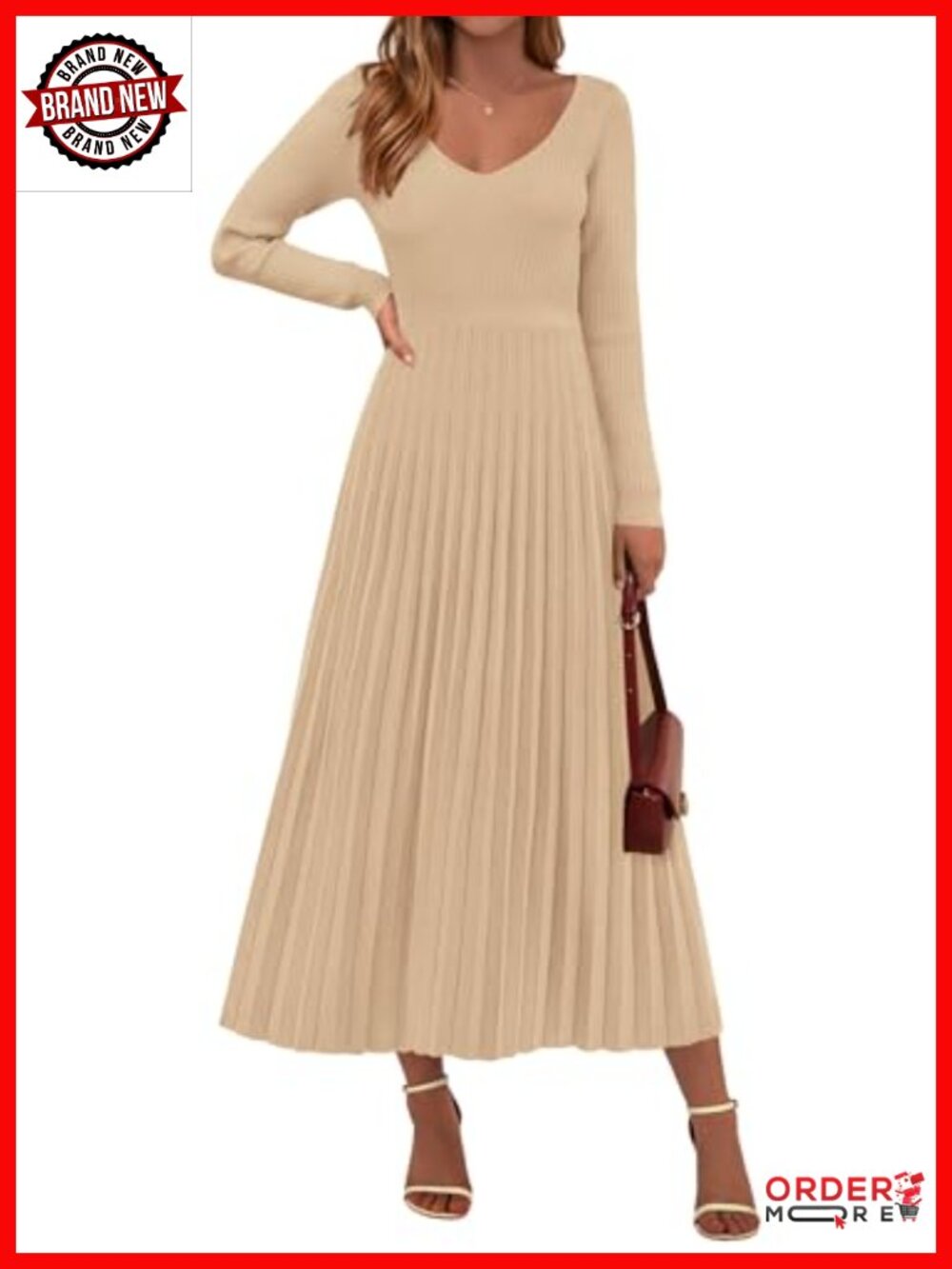 PRETTYGARDEN Sweater Dress Long Sleeve V-Neck Maxi Pleated Fit & Flare - Picture 1 of 6